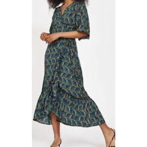 Silk & Salt Journey Maxi Wrap Dress African Peacock Print Green Blue NEW Large